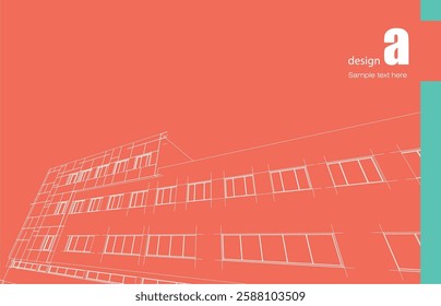 Architecture design layout of building in wireframe mode and gradient color background. Extended lines and linear forms of simple shape in various color. Straight line of transparent structure