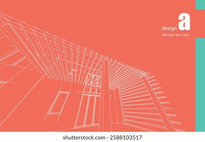 Architecture design layout of building in wireframe mode and gradient color background. Extended lines and linear forms of simple shape in various color. Straight line of transparent structure