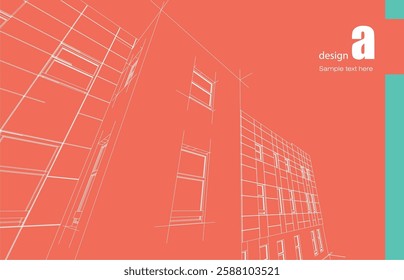 Architecture design layout of building in wireframe mode and gradient color background. Extended lines and linear forms of simple shape in various color. Straight line of transparent structure
