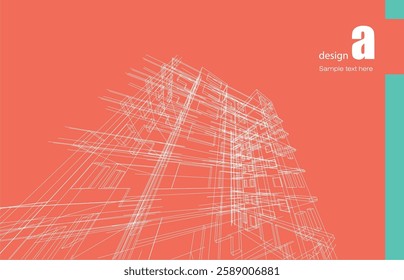 Architecture design layout of building in wireframe mode and gradient color background. Extended lines and linear forms of simple shape in various color. Straight line of transparent structure