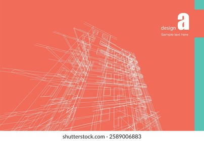 Architecture design layout of building in wireframe mode and gradient color background. Extended lines and linear forms of simple shape in various color. Straight line of transparent structure
