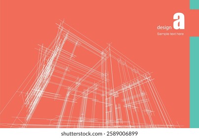 Architecture design layout of building in wireframe mode and gradient color background. Extended lines and linear forms of simple shape in various color. Straight line of transparent structure