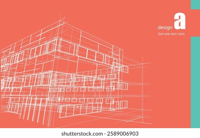 Architecture design layout of building in wireframe mode and gradient color background. Extended lines and linear forms of simple shape in various color. Straight line of transparent structure
