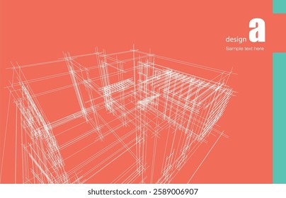 Architecture design layout of building in wireframe mode and gradient color background. Extended lines and linear forms of simple shape in various color. Straight line of transparent structure