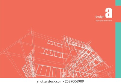 Architecture design layout of building in wireframe mode and gradient color background. Extended lines and linear forms of simple shape in various color. Straight line of transparent structure