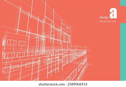 Architecture design layout of building in wireframe mode and gradient color background. Extended lines and linear forms of simple shape in various color. Straight line of transparent structure