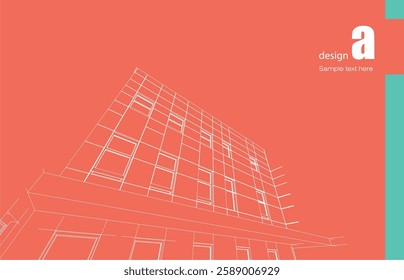 Architecture design layout of building in wireframe mode and gradient color background. Extended lines and linear forms of simple shape in various color. Straight line of transparent structure