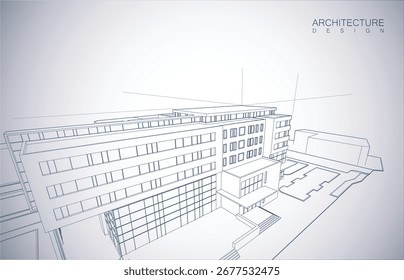 Architecture design layout of building in wireframe mode and gradient color background. Extended lines and linear forms of simple shape in various color. Straight line of transparent structure