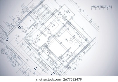 Architecture design layout of building in wireframe mode and gradient color background. Extended lines and linear forms of simple shape in various color. Straight line of transparent structure