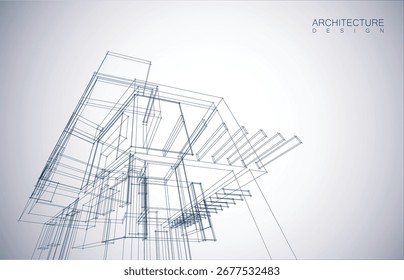 Diseño de arquitectura del edificio en modo wireframe y fondo de color degradado. Líneas extendidas y formas lineales de forma simple en varios colores. Línea recta de la estructura transparente