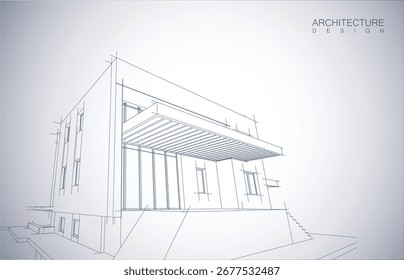 Architecture design layout of building in wireframe mode and gradient color background. Extended lines and linear forms of simple shape in various color. Straight line of transparent structure