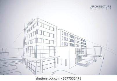 Architecture design layout of building in wireframe mode and gradient color background. Extended lines and linear forms of simple shape in various color. Straight line of transparent structure