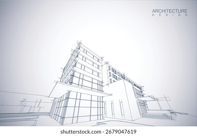 Architecture design layout of building in wireframe mode and gradient color background. Extended lines and linear forms of simple shape in various color. Straight line of transparent structure