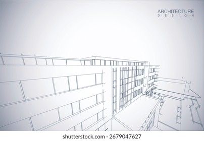 Architekturentwurf Layout des Gebäudes im Drahtmodell-Modus und Farbverlauf-Hintergrund. Verlängerte Linien und lineare Formen von einfacher Form in verschiedenen Farben. Gerade Linie der transparenten Struktur