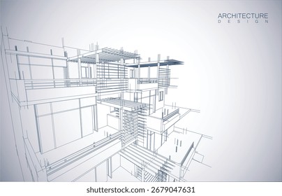 Layout de design de arquitetura do edifício no modo wireframe e plano de fundo de cor de gradiente. Linhas estendidas e formas lineares de forma simples em várias cores. Linha reta da estrutura transparente