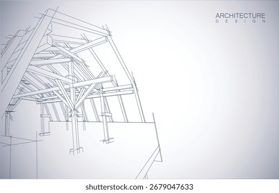 Layout de design de arquitetura do edifício no modo wireframe e plano de fundo de cor de gradiente. Linhas estendidas e formas lineares de forma simples em várias cores. Linha reta da estrutura transparente