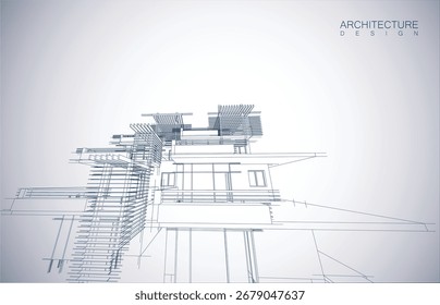 Diseño de arquitectura del edificio en modo wireframe y fondo de color degradado. Líneas extendidas y formas lineales de forma simple en varios colores. Línea recta de la estructura transparente