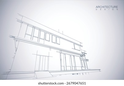 Architecture design layout of building in wireframe mode and gradient color background. Extended lines and linear forms of simple shape in various color. Straight line of transparent structure