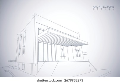 Layout de design de arquitetura do edifício no modo wireframe e plano de fundo de cor de gradiente. Linhas estendidas e formas lineares de forma simples em várias cores. Linha reta da estrutura transparente