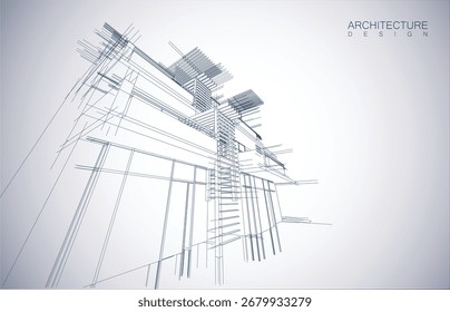 Architekturentwurf Layout des Gebäudes im Drahtmodell-Modus und Farbverlauf-Hintergrund. Verlängerte Linien und lineare Formen von einfacher Form in verschiedenen Farben. Gerade Linie der transparenten Struktur