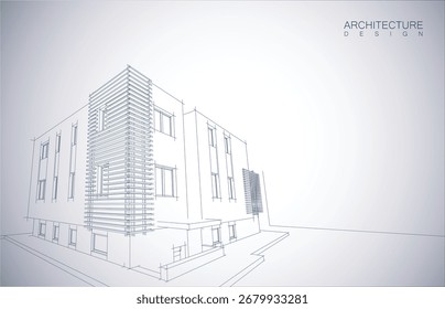 Architecture design layout of building in wireframe mode and gradient color background. Extended lines and linear forms of simple shape in various color. Straight line of transparent structure