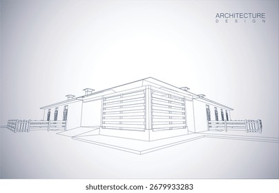 Architecture design layout of building in wireframe mode and gradient color background. Extended lines and linear forms of simple shape in various color. Straight line of transparent structure