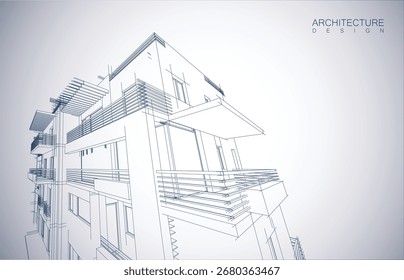 Architecture design layout of building in wireframe mode and gradient color background. Extended lines and linear forms of simple shape in various color. Straight line of transparent structure