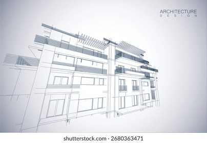 Architecture design layout of building in wireframe mode and gradient color background. Extended lines and linear forms of simple shape in various color. Straight line of transparent structure