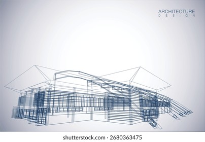 Architecture design layout of building in wireframe mode and gradient color background. Extended lines and linear forms of simple shape in various color. Straight line of transparent structure