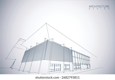 Architekturentwurf Layout des Gebäudes im Drahtmodell-Modus und Farbverlauf-Hintergrund. Verlängerte Linien und lineare Formen von einfacher Form in verschiedenen Farben. Gerade Linie der transparenten Struktur
