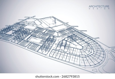 Diseño de arquitectura del edificio en modo wireframe y fondo de color degradado. Líneas extendidas y formas lineales de forma simple en varios colores. Línea recta de la estructura transparente