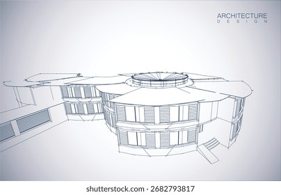 Architecture design layout of building in wireframe mode and gradient color background. Extended lines and linear forms of simple shape in various color. Straight line of transparent structure