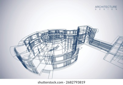 Architecture design layout of building in wireframe mode and gradient color background. Extended lines and linear forms of simple shape in various color. Straight line of transparent structure