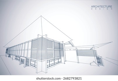 Architecture design layout of building in wireframe mode and gradient color background. Extended lines and linear forms of simple shape in various color. Straight line of transparent structure