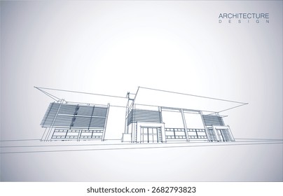 Architecture design layout of building in wireframe mode and gradient color background. Extended lines and linear forms of simple shape in various color. Straight line of transparent structure
