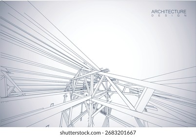 Diseño de arquitectura del edificio en modo wireframe y fondo de color degradado. Líneas extendidas y formas lineales de forma simple en varios colores. Línea recta de la estructura transparente
