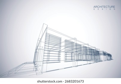 Layout de design de arquitetura do edifício no modo wireframe e plano de fundo de cor de gradiente. Linhas estendidas e formas lineares de forma simples em várias cores. Linha reta da estrutura transparente