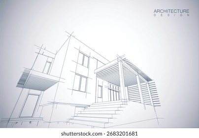 Architecture design layout of building in wireframe mode and gradient color background. Extended lines and linear forms of simple shape in various color. Straight line of transparent structure