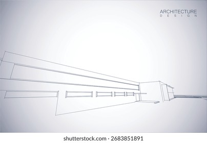 Architecture design layout of building in wireframe mode and gradient color background. Extended lines and linear forms of simple shape in various color. Straight line of transparent structure