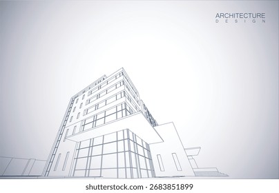Diseño de arquitectura del edificio en modo wireframe y fondo de color degradado. Líneas extendidas y formas lineales de forma simple en varios colores. Línea recta de la estructura transparente