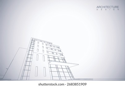 Architecture design layout of building in wireframe mode and gradient color background. Extended lines and linear forms of simple shape in various color. Straight line of transparent structure