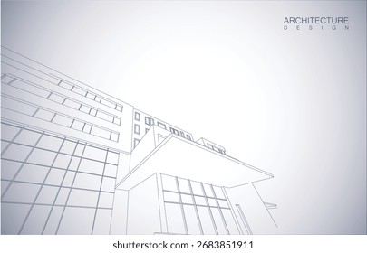 Architecture design layout of building in wireframe mode and gradient color background. Extended lines and linear forms of simple shape in various color. Straight line of transparent structure