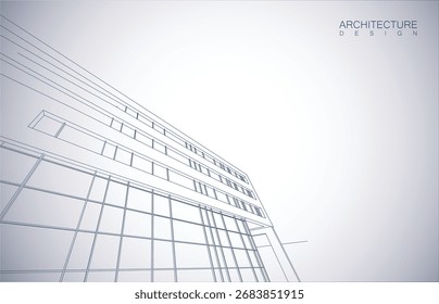 Architecture design layout of building in wireframe mode and gradient color background. Extended lines and linear forms of simple shape in various color. Straight line of transparent structure