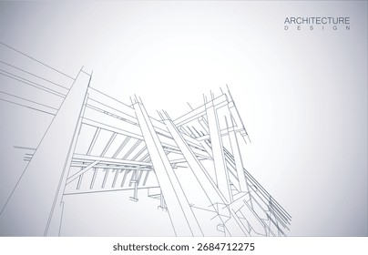 Layout de design de arquitetura do edifício no modo wireframe e plano de fundo de cor de gradiente. Linhas estendidas e formas lineares de forma simples em várias cores. Linha reta da estrutura transparente