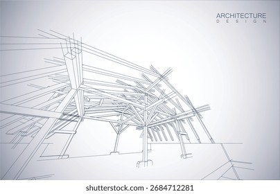 Architecture design layout of building in wireframe mode and gradient color background. Extended lines and linear forms of simple shape in various color. Straight line of transparent structure