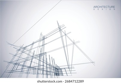 Architecture design layout of building in wireframe mode and gradient color background. Extended lines and linear forms of simple shape in various color. Straight line of transparent structure