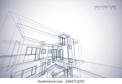 Architekturentwurf Layout des Gebäudes im Drahtmodell-Modus und Farbverlauf-Hintergrund. Verlängerte Linien und lineare Formen von einfacher Form in verschiedenen Farben. Gerade Linie der transparenten Struktur