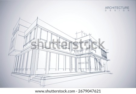 Architecture design layout of building in wireframe mode and gradient color background. Extended lines and linear forms of simple shape in various color. Straight line of transparent structure
