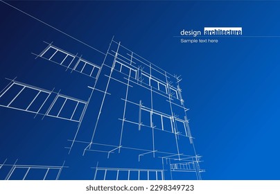 Architecture design layout of recycled architecture in wireframe and gradient color background. Extended lines and linear forms of simple shape