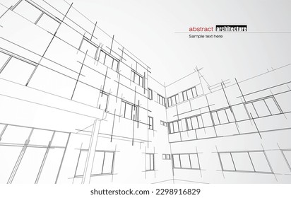 Architecture design layout of recycled architecture in wireframe and gradient color background. Extended lines and linear forms of simple shape